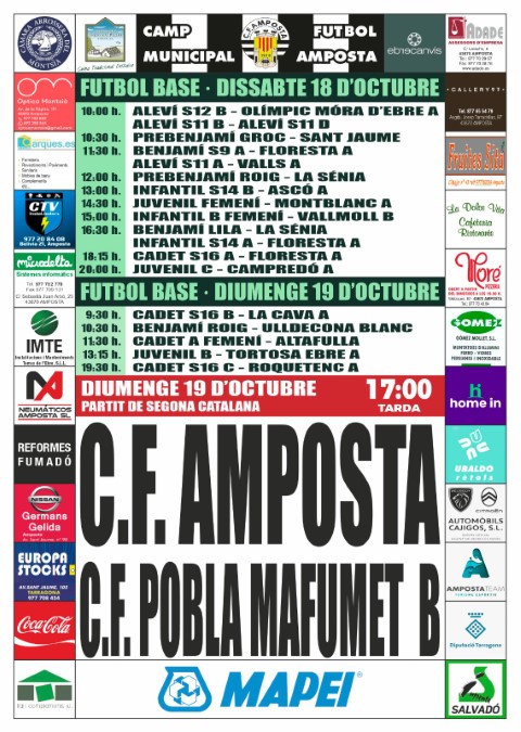 Jornada 5 SEGONA CATALANA GRUP 6. Diumenge 19 doctubre 17:00 hores: CF AMPOSTA - CF POBLA DE MAFUMET B